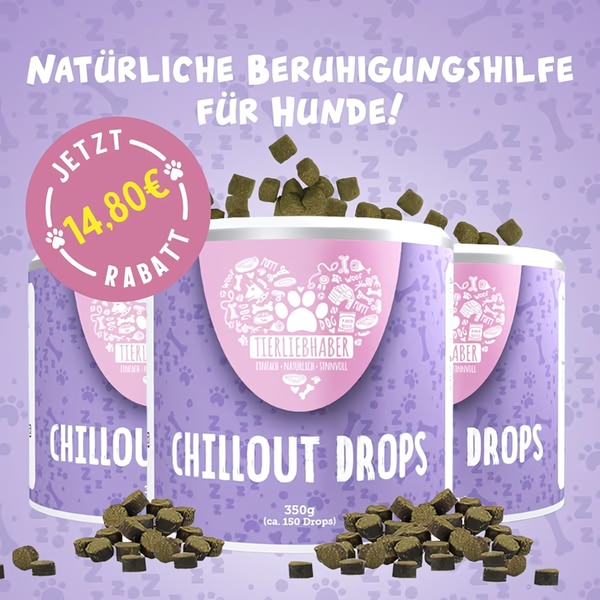 A square format promotional graphic for calming pet supplements that uses a large discount badge and clear benefit-driven messaging.